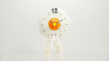 Clock is shaped like fried egg in the middle of white room. Wooden ladder placed in front. photo