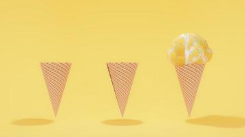 yellow ice cream cone on yellow background. Minimal idea concept. photo