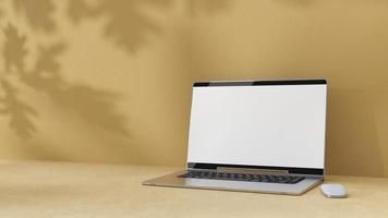 Empty display laptop with decoration minimal. Shadow from tree on cement floor. Mock-up computer and minimalism concept. photo