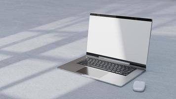 Empty display laptop with decoration minimal. Shadow from tree and window on cement floor. Mock-up computer and minimalism concept. photo