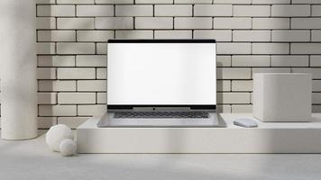 Laptop Mock-Up Empty screen front white brick wall. shadow of tree and window. Decorate minimalist style. photo