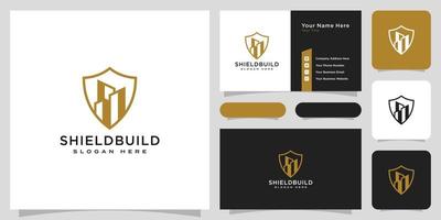 building and shield line style logo and business card vector