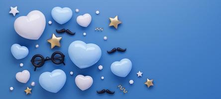 Blue heart balloon decor with gold star. Father day concept. 3D rendering photo