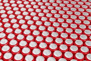 3D illustration. Set of many red metallic aluminum cans. Beverage cans photo