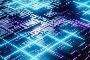 3D render. Futuristic circuit board with neon lights flowing. photo