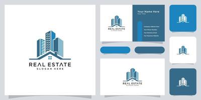Real estate with building and house logo design and business card vector