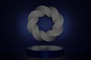background for branding and product presentation.Mobius torus made of circle. podium with subtle circular geometric pattern.darkblue rendering with podium and blue wall scene, 3d rendering. photo