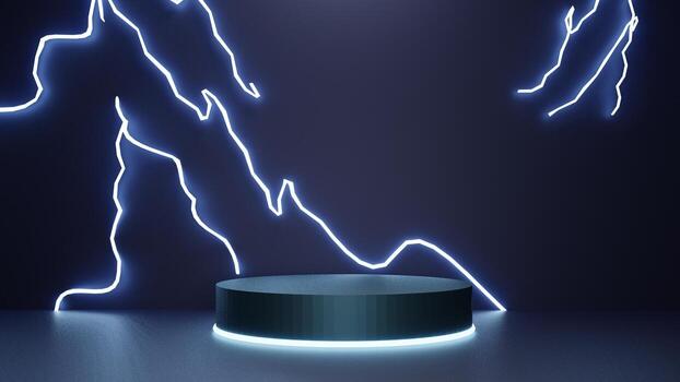 Representación 3d escena de podio vacío oscuro con luces de neón, arco, espectáculo de láser, luz de podio, relámpago brillante, fondo de luz de trueno para la marca y presentación del producto. Ilustración de representación 3d. foto