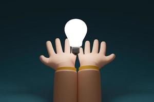 Two Hand holding glowing lamp.Lightbulb in hand businessman on drak background.Knowledge,Inspiration, discovery, care, idea and insight concept. 3D Rendering photo