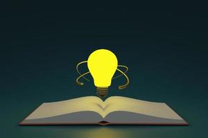 light bulb with open book isolated on dark background.yellow lightbulb floating from open book. idea tip education, knowledge creates ideas concept,abstract, 3d Rendering illustration photo