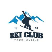 Ski club concept with skiers skiing downhill in high mountains. Retro badge vector ski club. Concept for shirt, print, stamp or tuning. Ski club typography design - stock vector.