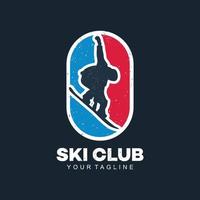 Ski club concept with skiers skiing downhill in high mountains. Retro badge vector ski club. Concept for shirt, print, stamp or tuning. Ski club typography design - stock vector.