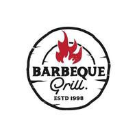 logotipo de barbacoa con logotipo de barbacoa y concepto de fuego combinado con espátula y textura de madera vector