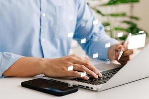 Document management concept. Virtual screen icons Document Management System DMS Online document database, software for efficient archiving, searching and management of company files and data. photo