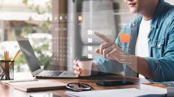 Document management concept. Virtual screen icons Document Management System DMS Online document database, software for efficient archiving, searching and management of company files and data. photo