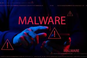 malware concept Cyber crimes and prevention methods, smartphones showing malware and virus screens, hacking passwords and personal data. photo