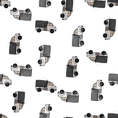 Cute truck car seamless pattern. Kids hand drawn automobile background. Transport wallpaper.
