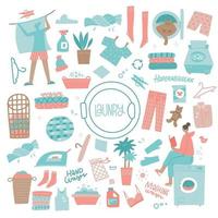 Laundry elements set. Washing machine, clean clothing. basin, iron and laundry backet. Detergent for shirt and hanger. Collection of pastel colorful icons. Isolated flat hand drawn vector illustration