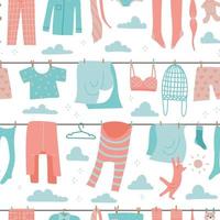 Seamless pattern with colorful laundry drying on a washing lines. Vector flat hand drawn illustration.