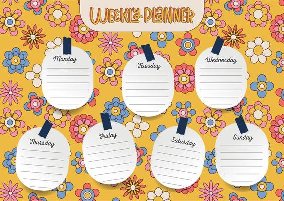 Printable vintage floral weekly planner template with cute retro groovy flowers for school scheduler, reminder. Vintage daisy background in 70s style. Vector illustration. A4 size printable template