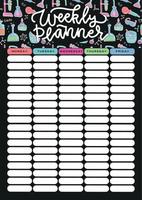 School weekly planner template with chemistry laboratory elements. Timetable for students or pupils with 5 days of week and free spaces for notes. Hand drawn vector illustration. A4 printable template
