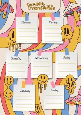 School timetable with retro melting emoji happy face over 70s rurreal background. All days of the week. Linear hand drawn illustration. A4 size printable template
