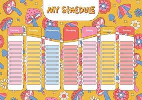 Education timetable schedule. Vintage 70s magic mushrooms in hippie style. Weekly school timetable, study plan or week planner of student classes with psychedelic mushrooms. A4 size printable template vector