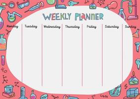 School timetable template with science theme illustration and lettering Weekly planner. All days of the week. Hand drawn flask, laboratory text tube. Doodle vector illustration.A4 CMYK printable sheet