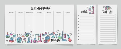 Set of School weekly planner and to do lists with science theme. Chemistry flask, laboratory instruments in doodle style. Hand drawn vector illustration. CMYK printable template