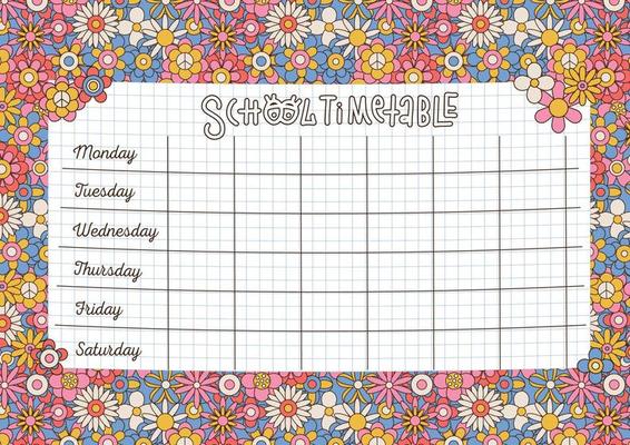 Kids School timetable with checkered sheet on the background of 70s retro flowers, different hippie daisy. Bright vintage design. Linear hand drawn illustration. A4 size printable template