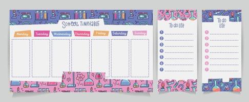 Set of School timetable and to do lists with doodle cute chemical laboratory supplies pattern. Weekly planner sheets. Organizer and Schedule with Notes with flask elements. Verctor illustration. vector