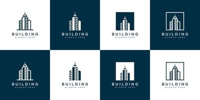 conjunto de logotipo de construcción con estilo de arte de línea. resumen de construcción de la ciudad para la inspiración del diseño del logotipo vector