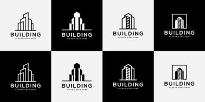 conjunto de logotipo de construcción con estilo de arte de línea. resumen de construcción de la ciudad para la inspiración del diseño del logotipo vector