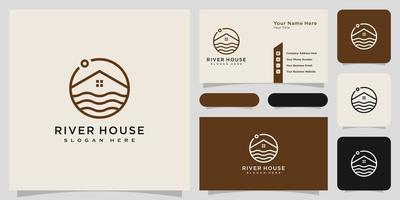Minimalist line abstract house with river logo design vector