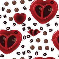 Two paired red cups of coffee on a heart-shaped saucer. Bubbles from foam and coffee grains. Romance. Cartoon. Seamless pattern. Vector illustration.