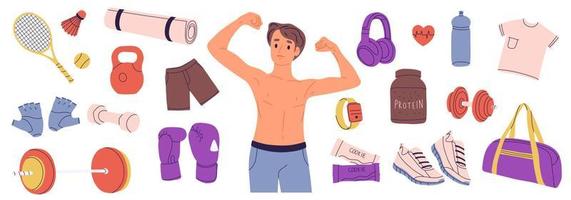 joven atlético y varios equipos de gimnasio. barra, mancuerna, bolsa de entrenamiento, zapatillas. paquete de cosas de entrenamiento. ilustración de vector plano aislado.