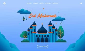 concepto de saludo de eid mubarak con ilustración de mezquita para plantilla de página de destino web, banner, presentación, medios sociales e impresos. ilustración de vector de diseño plano islámico eid fitr o adha