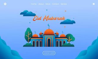 concepto de saludo de eid mubarak con ilustración de mezquita para plantilla de página de destino web, banner, presentación, medios sociales e impresos. ilustración de vector de diseño plano islámico eid fitr o adha