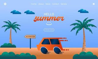 el gráfico vectorial ilustrativo del coche naranja se mueve rápidamente hacia las vacaciones. concepto de día de verano. perfecto para página de inicio web, banner, afiche de vacaciones, etc. vector