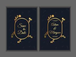 diseño de tarjetas de felicitación, invitaciones de boda, rsvp o plantilla para diploma de concurso de escritores con marco dorado y flor sobre un fondo turquesa oscuro vector