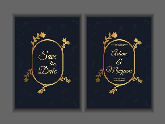 Greeting card design, wedding invitations, rsvp or template for writers competition diploma with golden frame and flower on a dark turquoise background