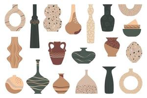 Ceramic, vases, earthenware bowls. A set of ceramic jugs and vases. Collection of decorative elements of vases for interior. vector