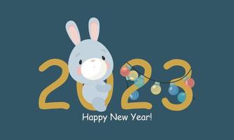 Cute Rabbit with numbers 2023. For card, posters, banners, calendar, invitations. Vector illustration in cartoon style.