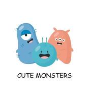 Cute Monsters. Cartoon style. Vector illustration. For card, posters, banners, children books, printing on the pack, printing on clothes, fabric, wallpaper, textile or dishes.