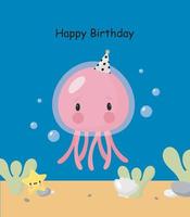 fiesta de cumpleaños, tarjeta de felicitación, invitación de fiesta. ilustración infantil con un lindo personaje de medusa bebé. ilustración vectorial en estilo de dibujos animados. vector