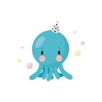 lindo pulpo. estilo de dibujos animados ilustración vectorial para tarjetas, carteles, pancartas, libros, impresión en el paquete, impresión en ropa, tela, papel tapiz, textil o platos. vector