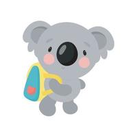 lindo koala con mochila escolar. estilo de dibujos animados ilustración vectorial para tarjetas, carteles, pancartas, libros, impresión en el paquete, impresión en ropa, tela, papel tapiz, textil o platos. vector