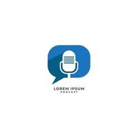 Minimal podcast logo design concept. Retro microphone illustration with blue call out shape or chatting icon behind. Broadcasting, Host, Announcher, Anchor, Radio Station, Stand up comedy. vector