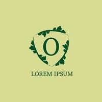 Letter O alphabetic logo design template. Decorative floral shield sign illustration. Nature Guard, Security logo concept isolated on green beige color. vector