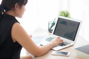 Young asian woman working and typing with laptop computer at office, businesswoman looking graph diagram analysis statistic data of finance, girl using notebook, profit growth, business concept. photo